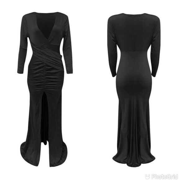 Stylish Long Sleeves V Neck Bodycon Pleated Slit Solid Evening Gown Dress - Picture 2 of 14